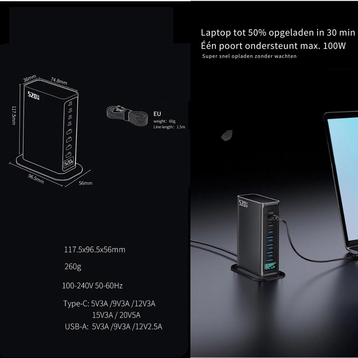 520W USB Oplaadtoren 8-Poorts – 4x USB-C & 4x USB-A