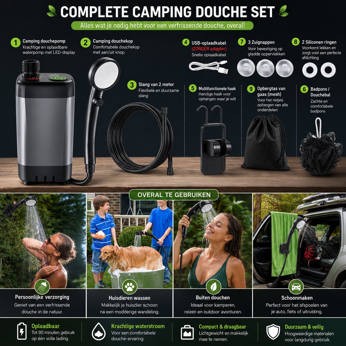 Camping Douche met Accu & LED Display – Oplaadbaar