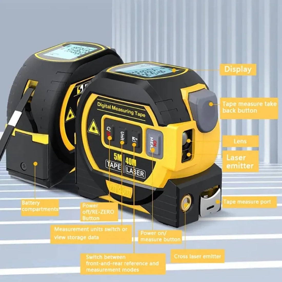 Digitale Laser Rolmaat 40M met 5M Meetlint 3-in-1