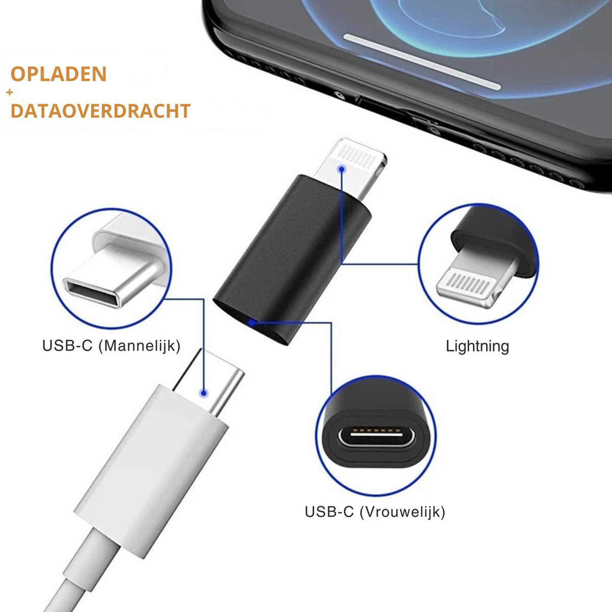 Lightning naar USB-C Adapter 4-Pack – Aluminium Zwart