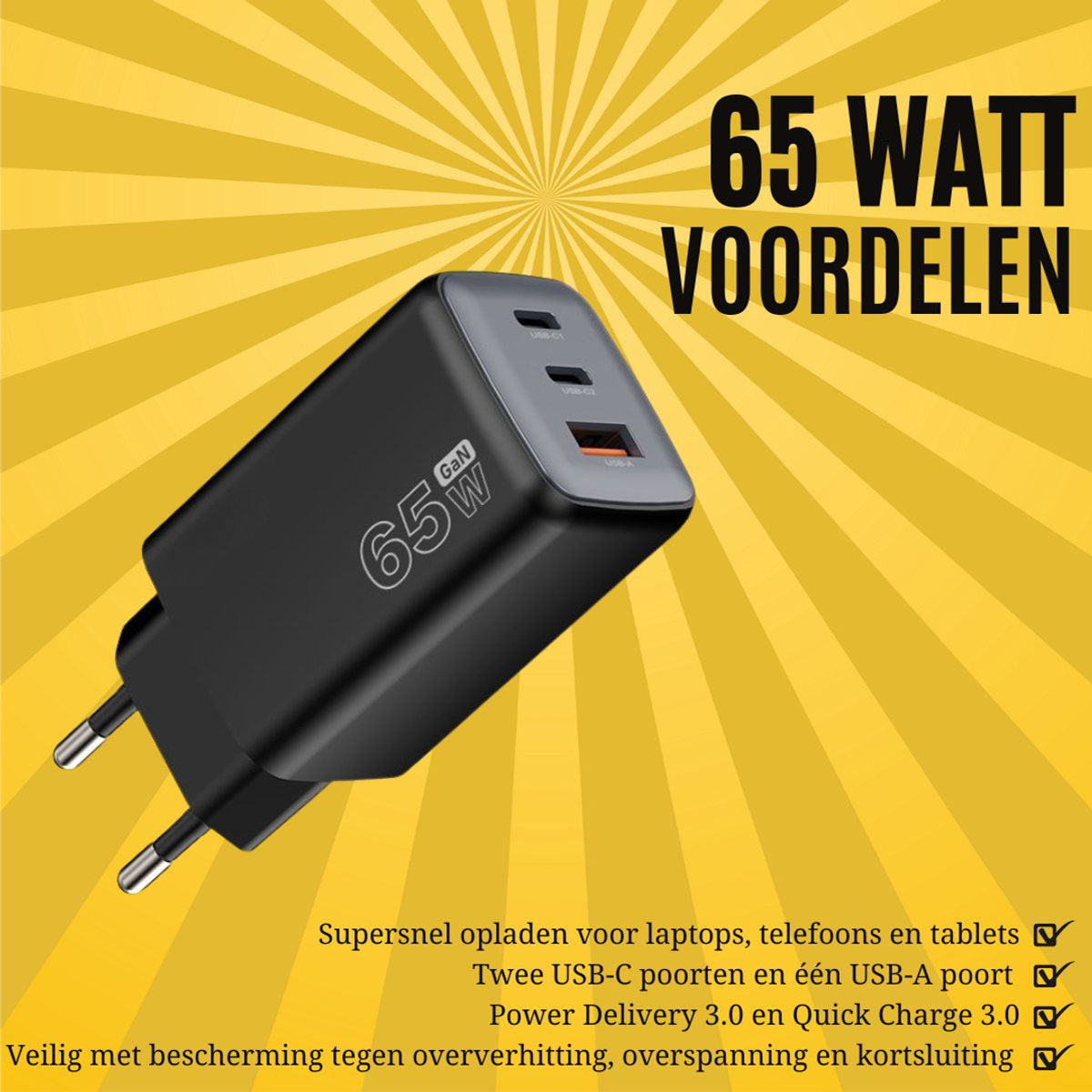 65W GaN Snellader 3-Poorts USB-C & USB-A Zwart