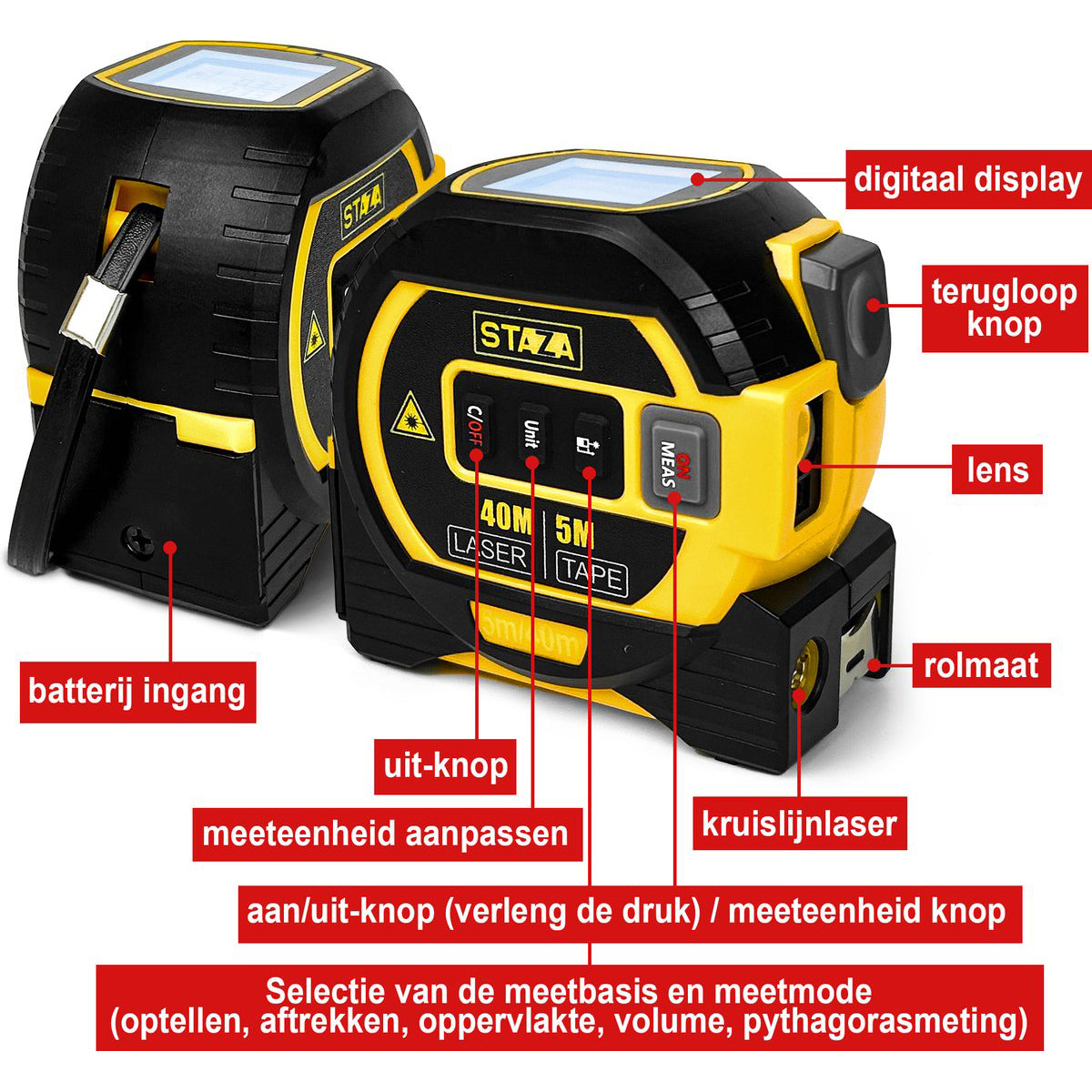 Staza Digitale Laser Rolmaat 40M met 5M Meetlint 3-in-1