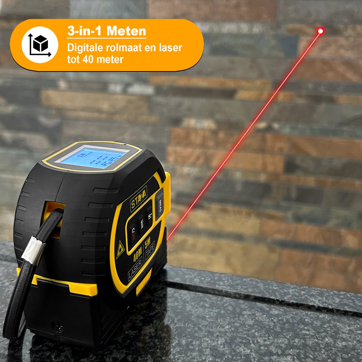 Staza Digitale Laser Rolmaat 40M met 5M Meetlint 3-in-1