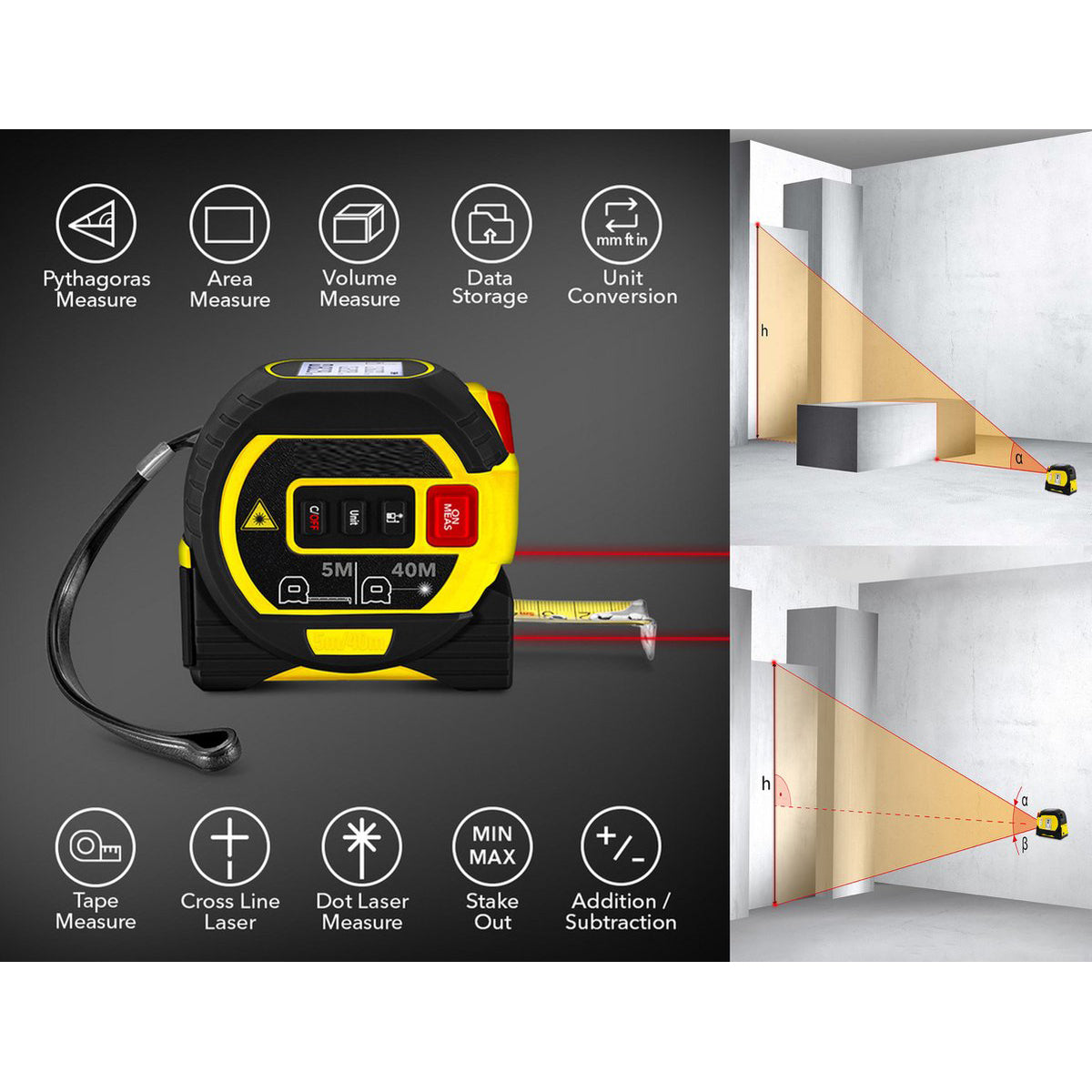 Staza Digitale Laser Rolmaat 40M met 5M Meetlint 3-in-1