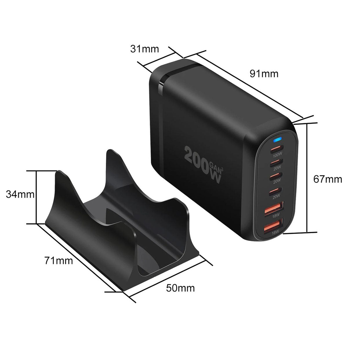 200W USB-C Snellader 6 Poorts – 100W PD Desktop Charger