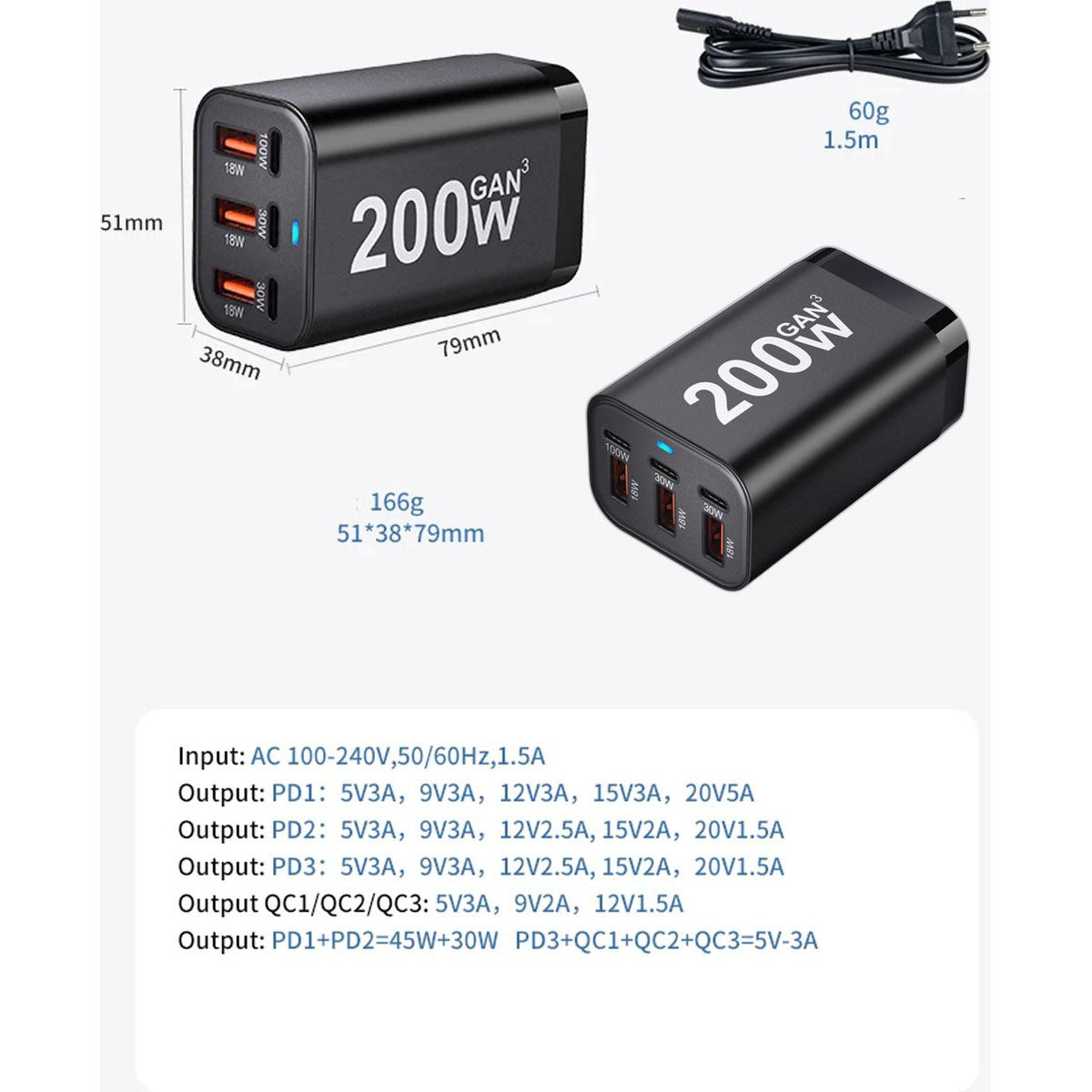 200W USB-C Snellader 6 Poorts – 100W PD Desktop Charger