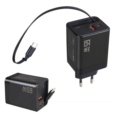 65W USB-C Snellader GaN met Intrekbare Kabel Zwart