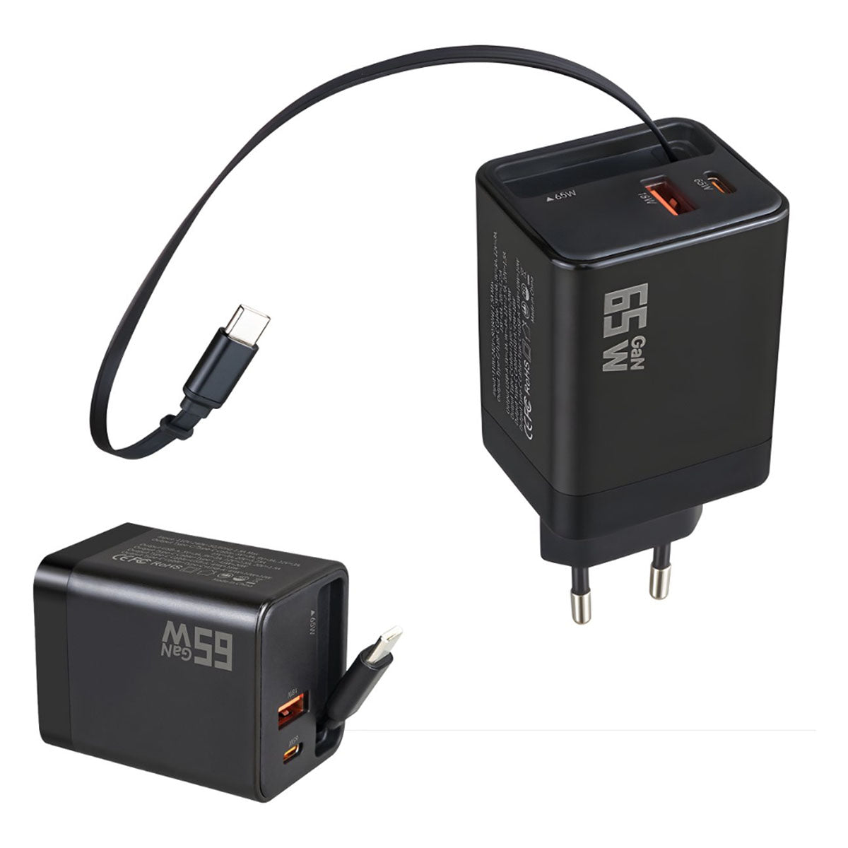 65W USB-C Snellader GaN met Intrekbare Kabel Zwart
