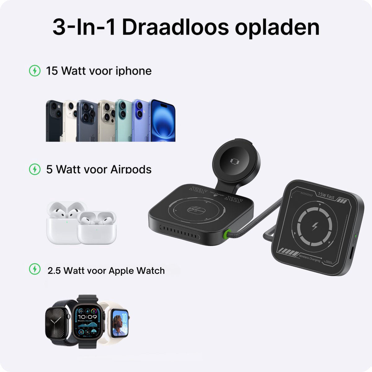 3-in-1 Draadloze Oplader MagSafe 22,5W Opvouwbaar