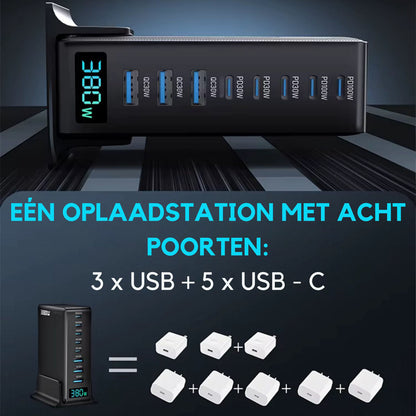 380W USB-C Snellader 8-Poorts GaN Desktop Oplader