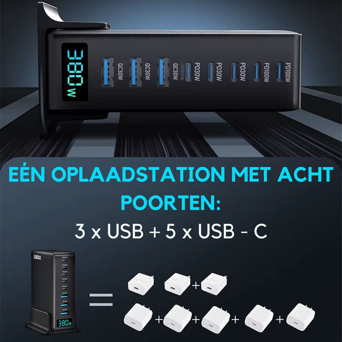380W USB-C Snellader 8-Poorts GaN Desktop Oplader