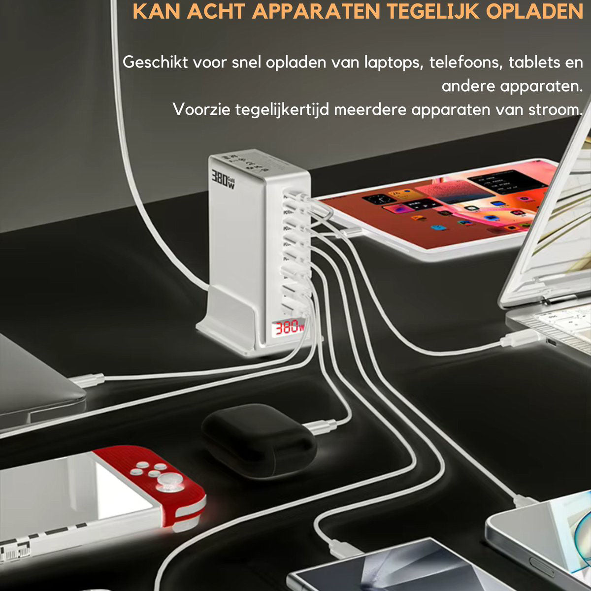 380W USB-C Snellader 8-Poorts GaN Desktop Oplader