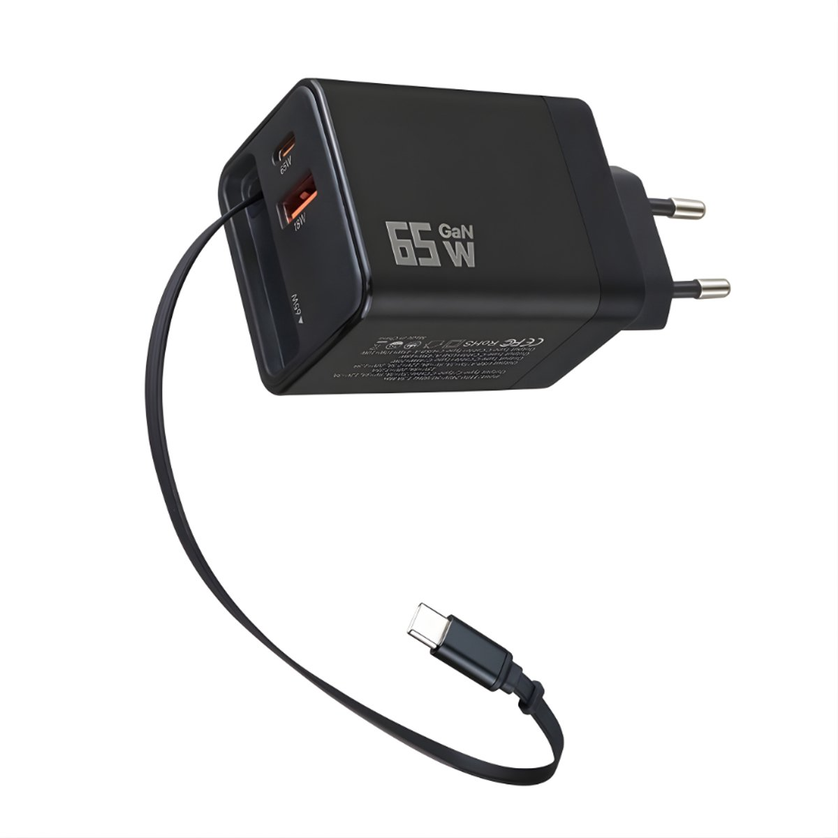 65W USB-C Snellader GaN met Intrekbare Kabel Zwart