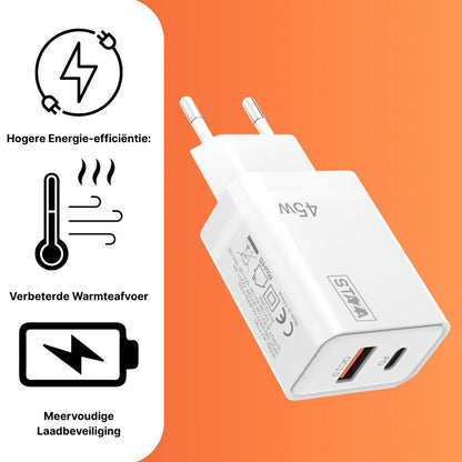45W Dual USB-C Snellader met 1M Kabel – PD Oplader