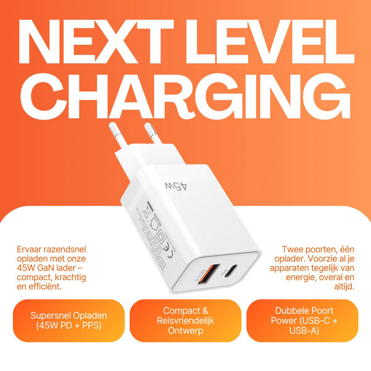 45W Dual USB-C Snellader met 1M Kabel – PD Oplader