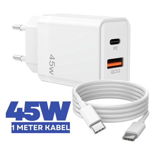 45W Dual USB-C Snellader met 1M Kabel – PD Oplader