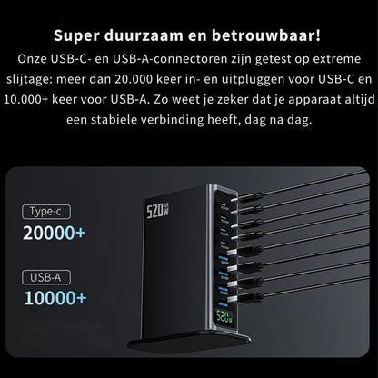 520W USB Oplaadtoren 8-Poorts – 4x USB-C & 4x USB-A