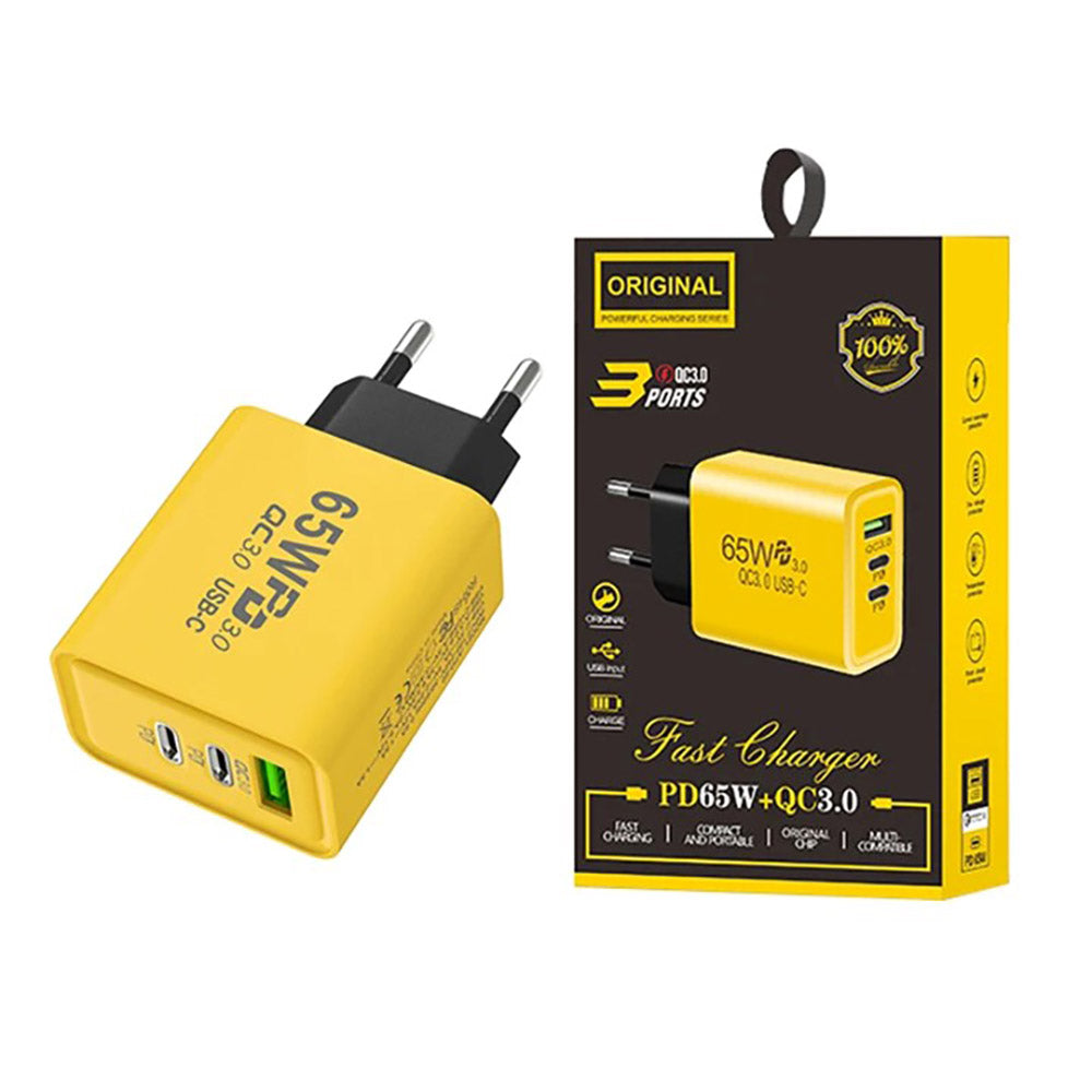 65W USB-C Oplader – 3 Poorten & Snelladen Geel