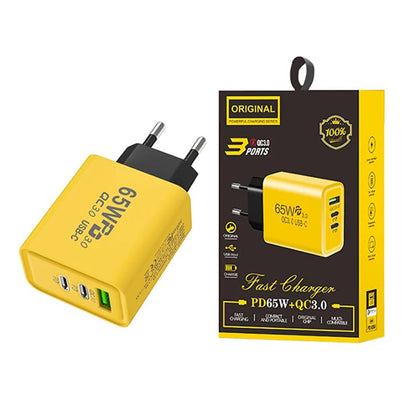 65W USB-C Oplader – 3 Poorten & Snelladen Geel