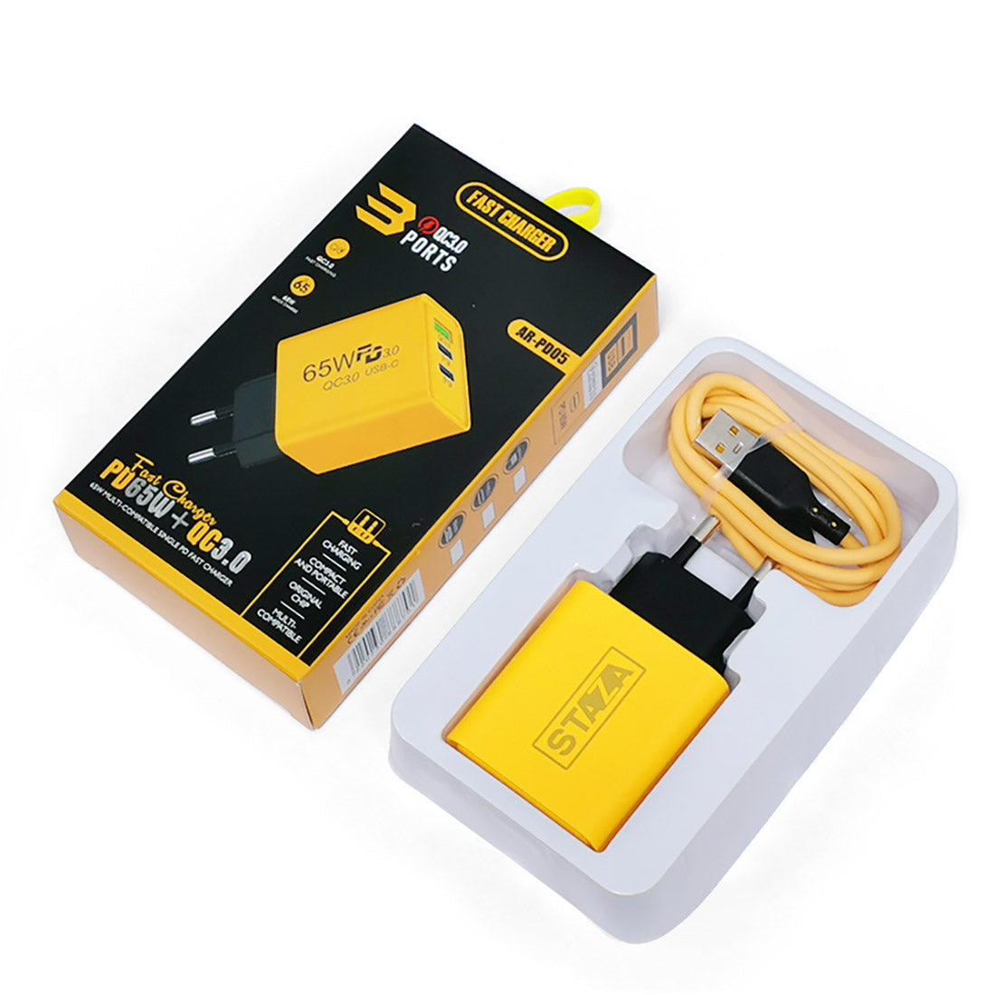65W USB-C Oplader – 3 Poorten & Snelladen Geel