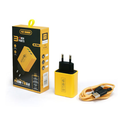 65W USB-C Oplader – 3 Poorten & Snelladen Geel