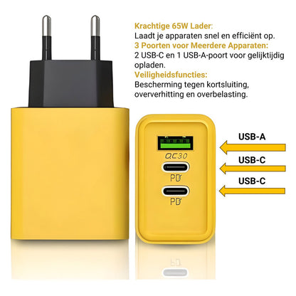 65W USB-C Oplader – 3 Poorten & Snelladen Geel