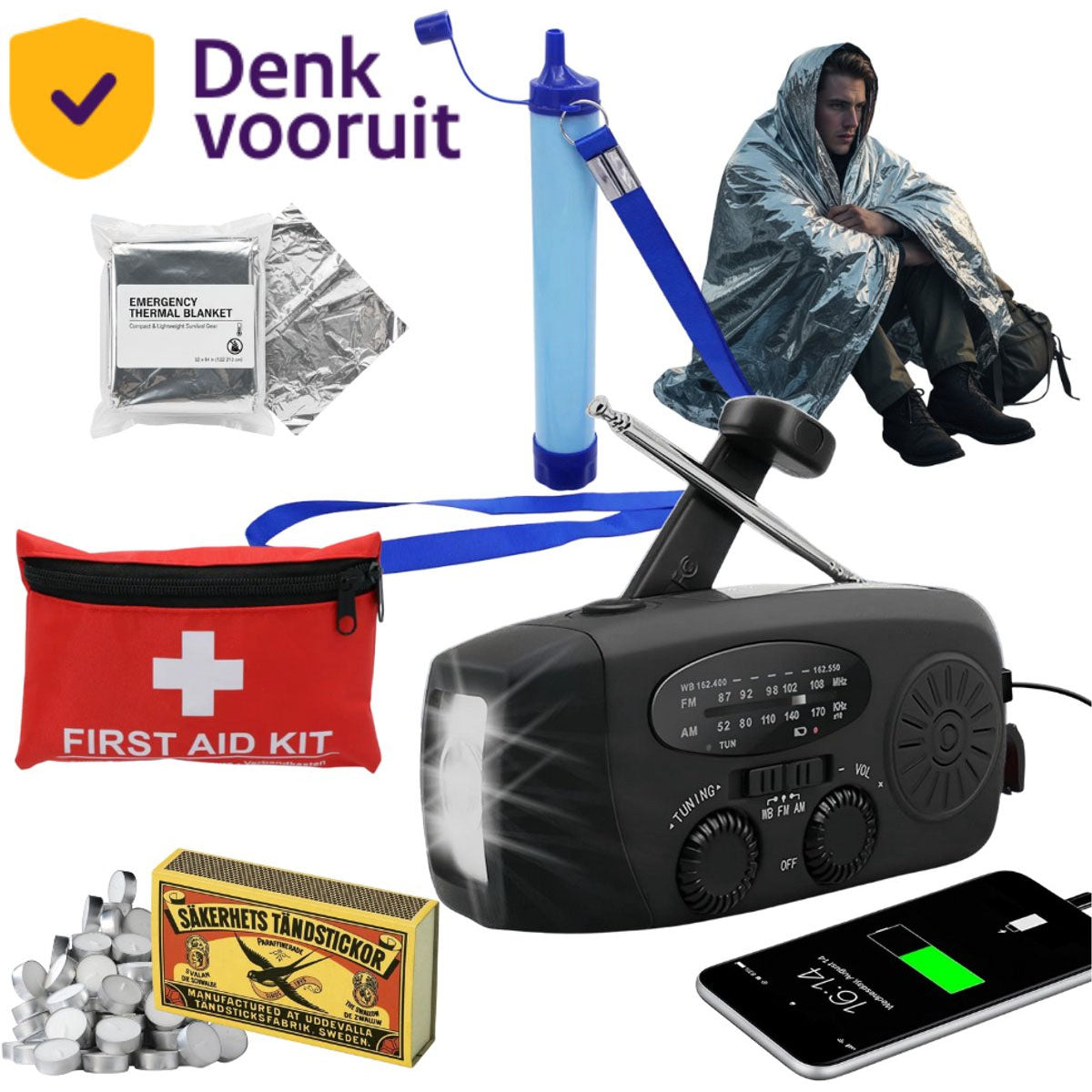 72U Noodpakket met Noodradio, EHBO & Waterfilter