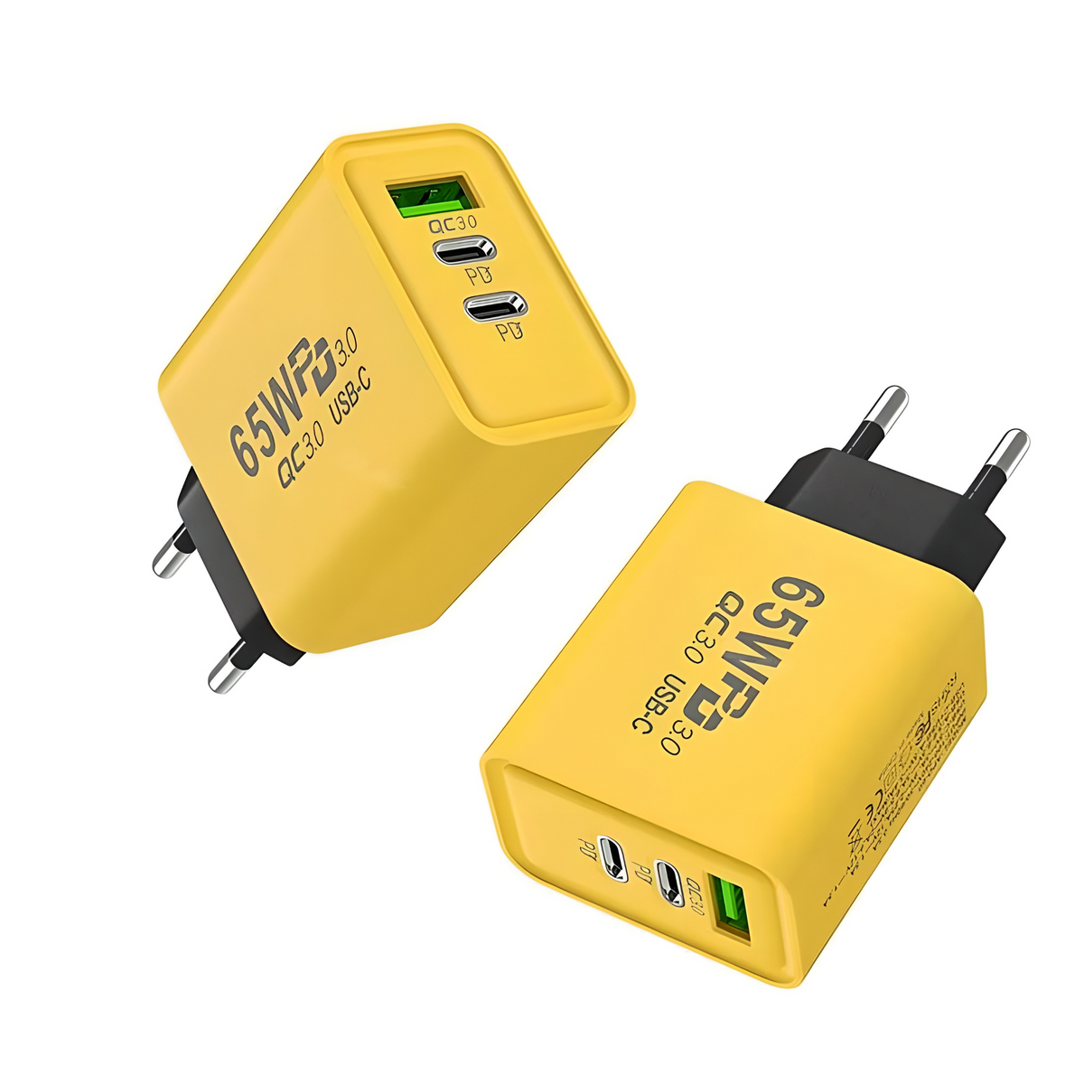 65W USB-C Oplader – 3 Poorten & Snelladen Geel