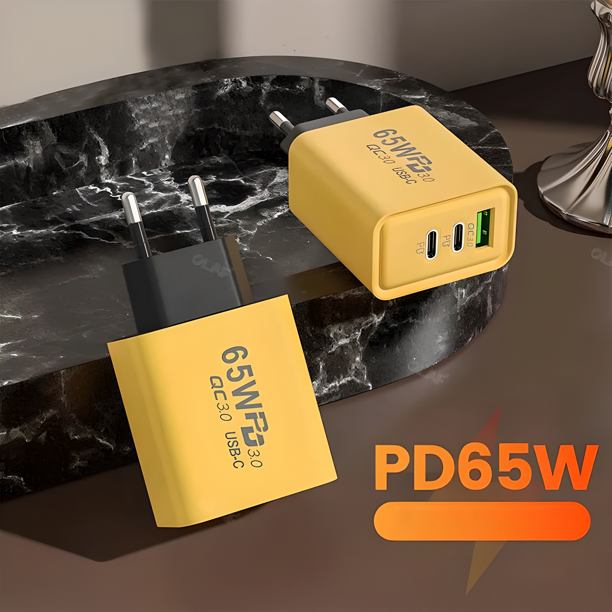 65W USB-C Oplader – 3 Poorten & Snelladen Geel