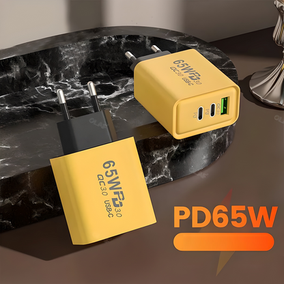 65W USB-C Oplader – 3 Poorten & Snelladen Geel