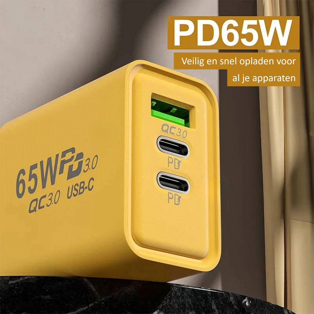 65W USB-C Oplader – 3 Poorten & Snelladen Geel