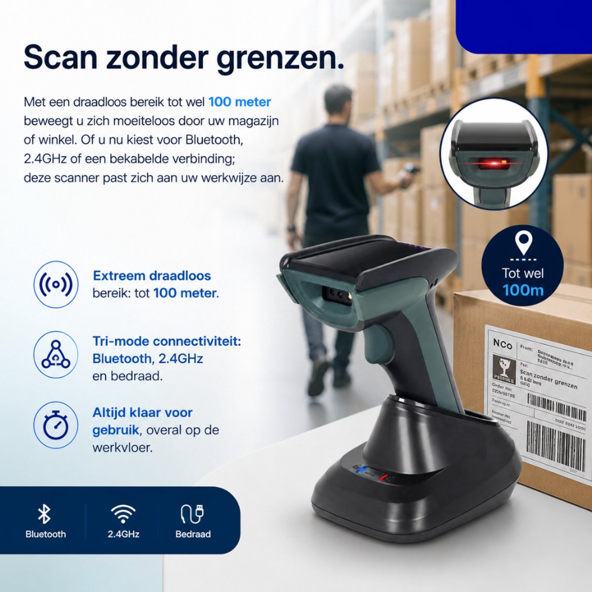 Bluetooth Barcode Scanner met Laadstation – 1D & 2D