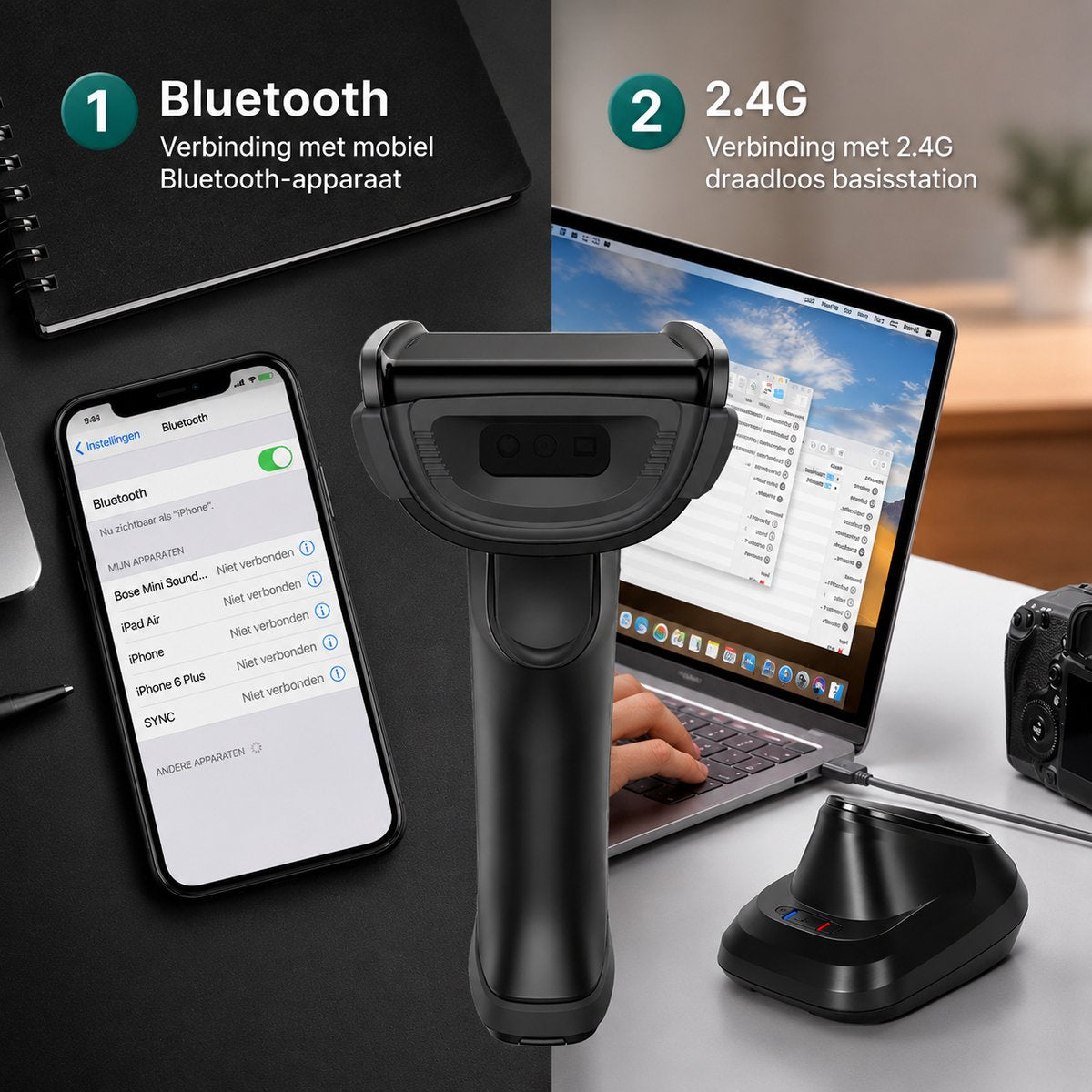 Bluetooth Barcode Scanner met Laadstation – 1D & 2D