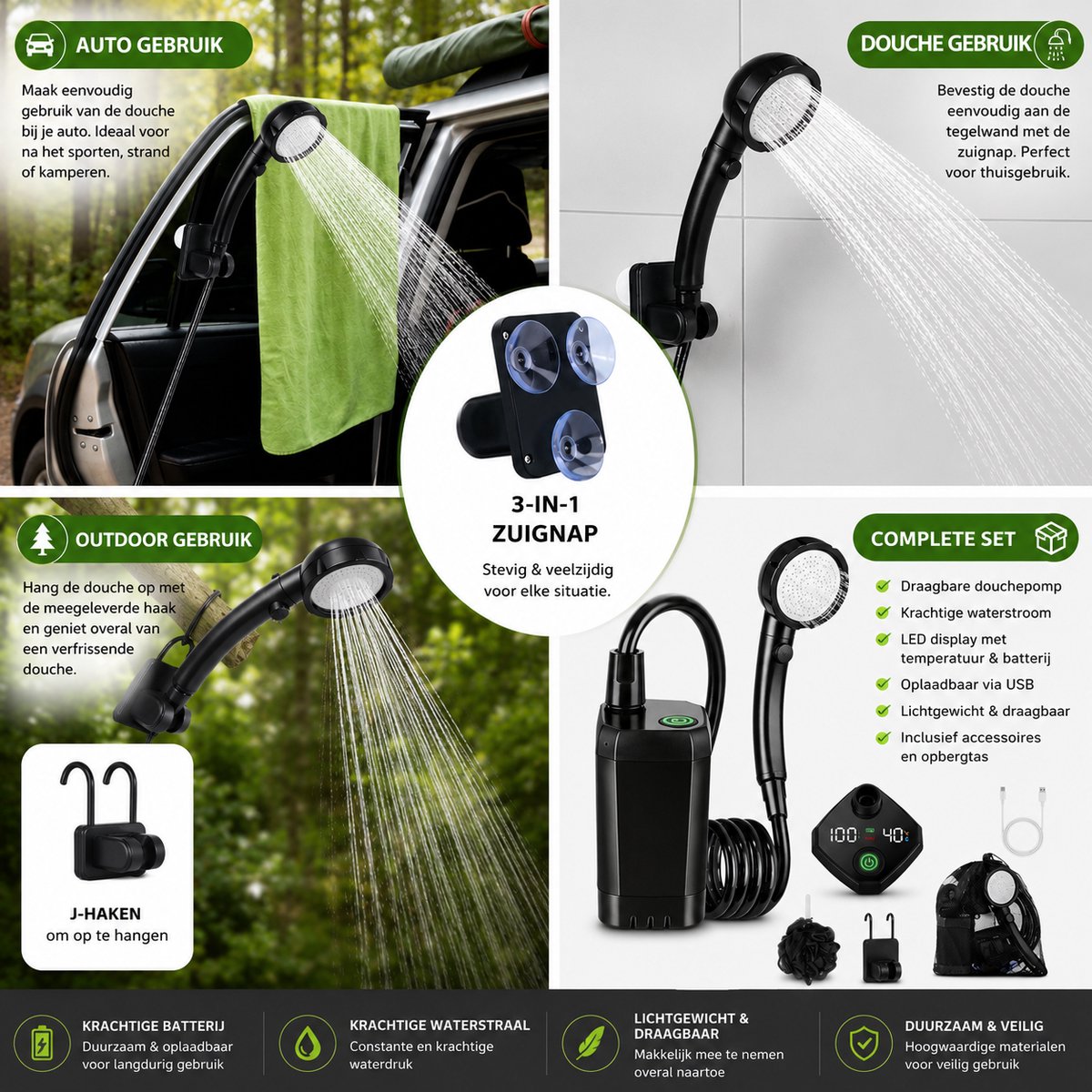 Camping Douche met Accu & LED Display – Oplaadbaar