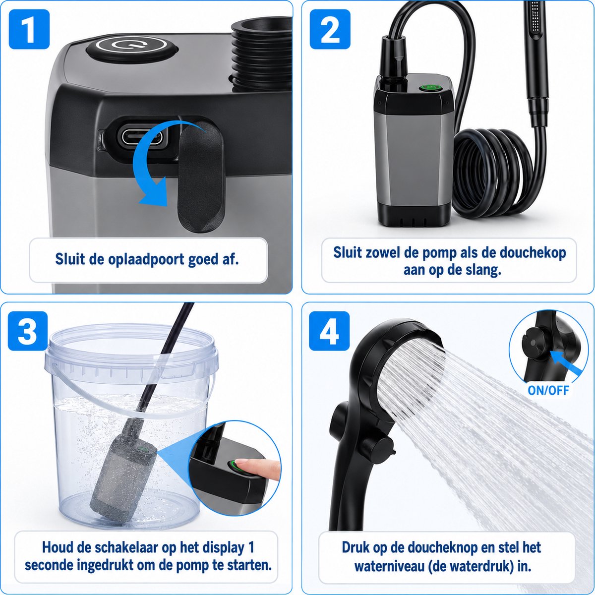 Camping Douche met Accu & LED Display – Oplaadbaar