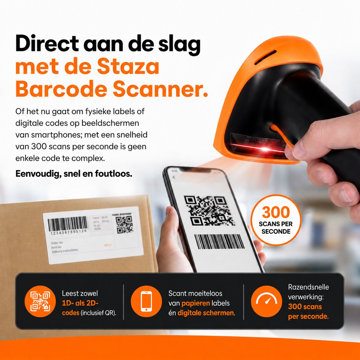 Draadloze Barcode Scanner 1D/2D QR – Plug & Play