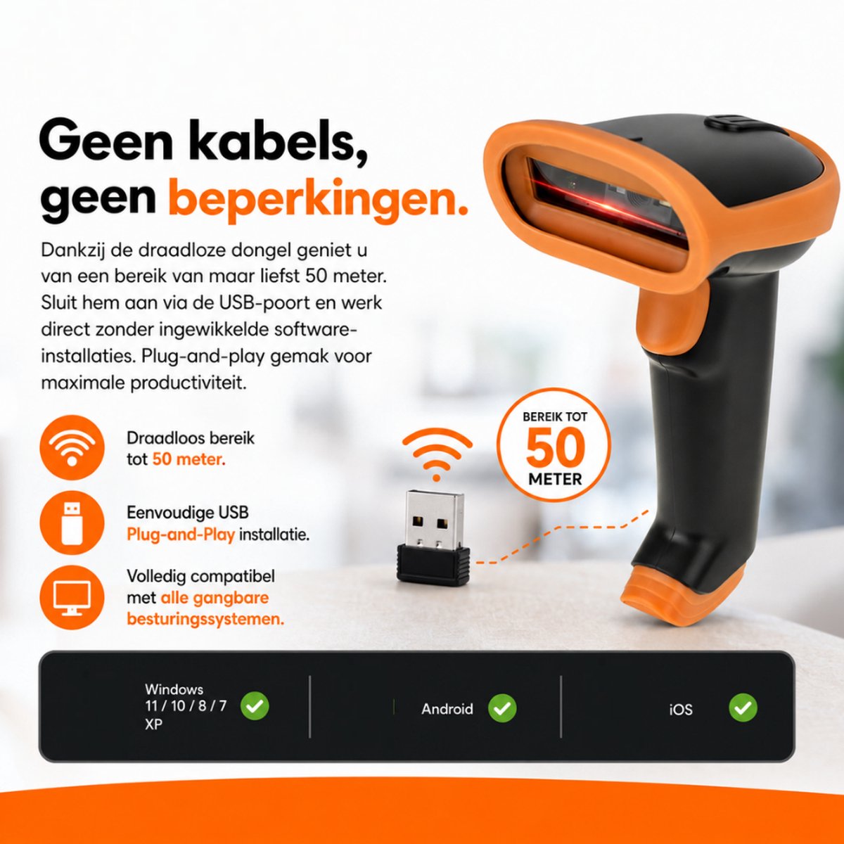 Draadloze Barcode Scanner 1D/2D QR – Plug & Play
