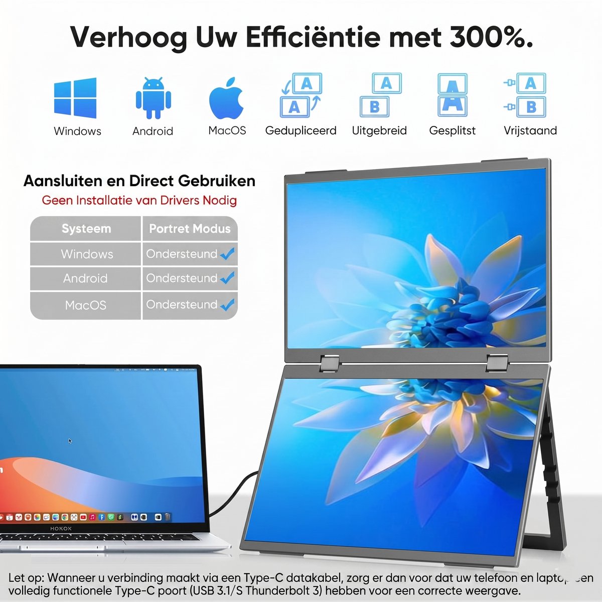 Draagbare Dual Monitor 15.6” Full HD USB-C & HDMI