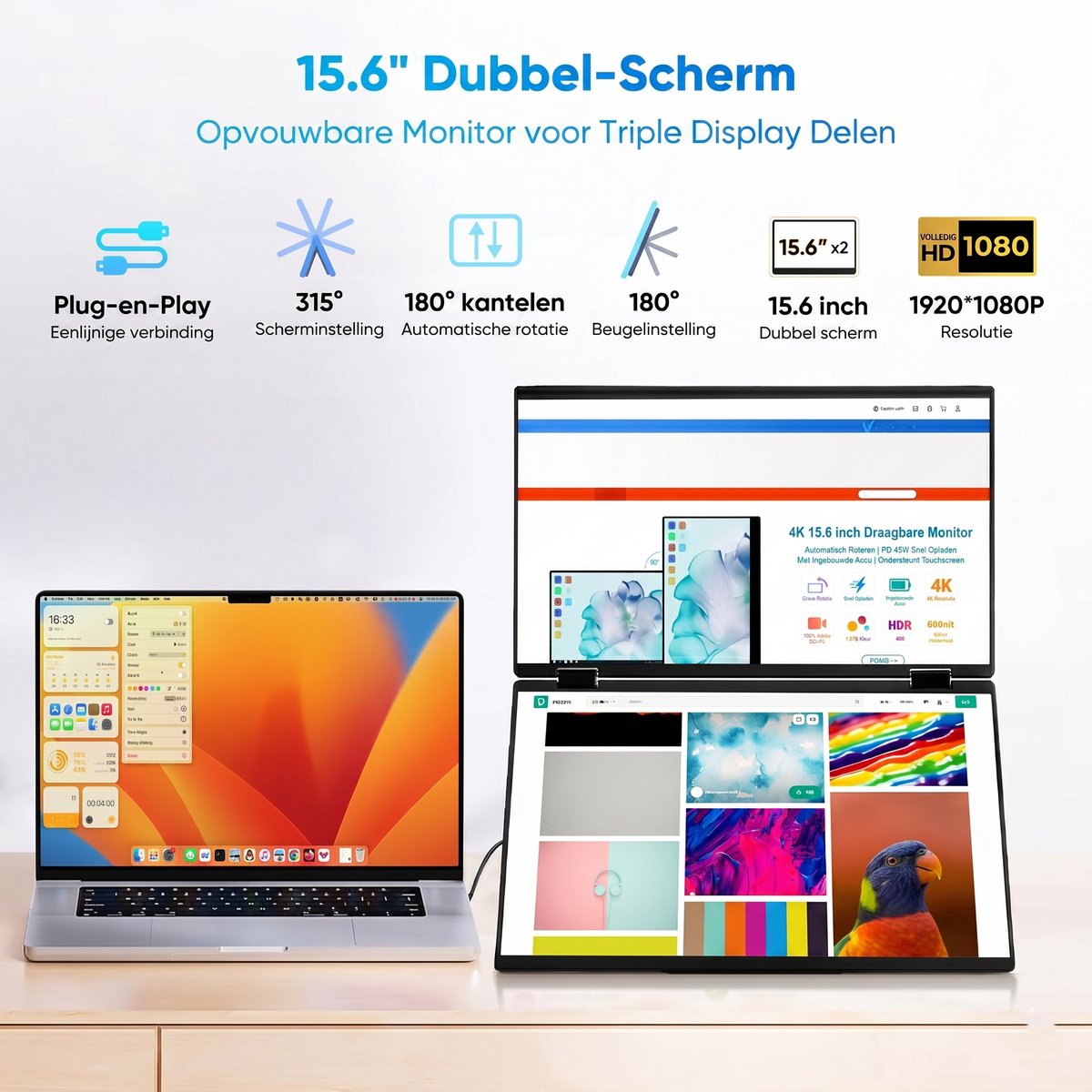 Draagbare Dual Monitor 15.6” Full HD USB-C & HDMI
