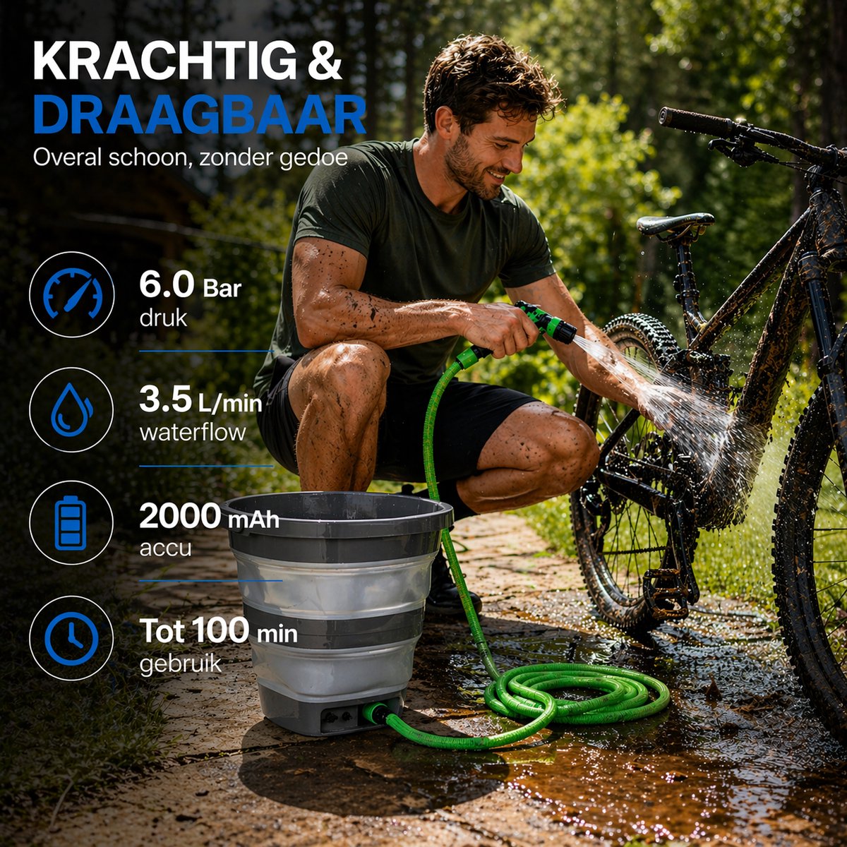 Draagbare Lagedrukreiniger 15L met Accu & Emmer