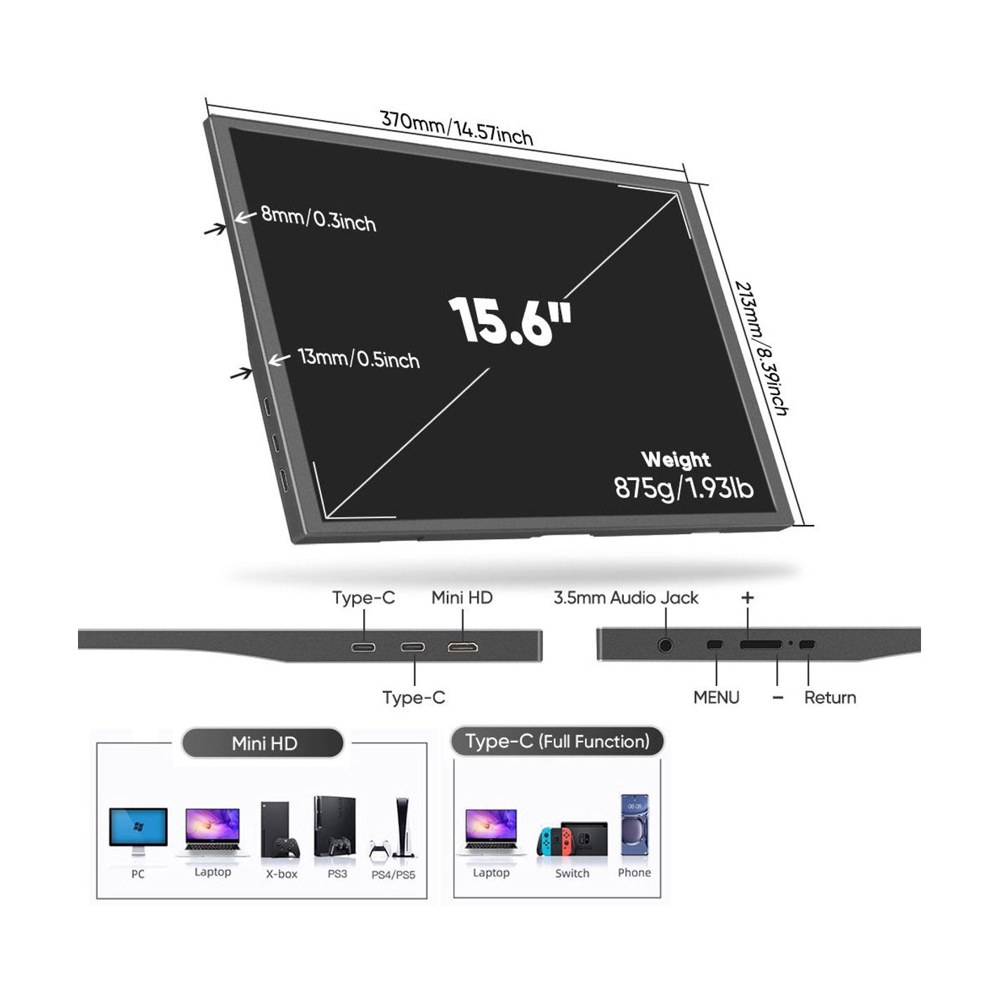 Draagbare Monitor 15.6 Inch Full HD USB-C & HDMI