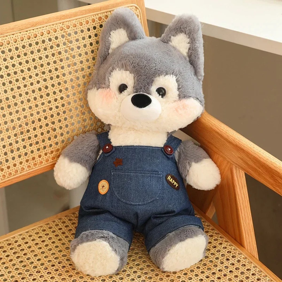 Husky Knuffel 50 cm – Zachte Pluche Hond met Tuinbroek