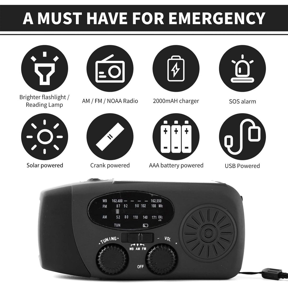 Noodradio Solar met Powerbank & SOS Zaklamp 2000mAh