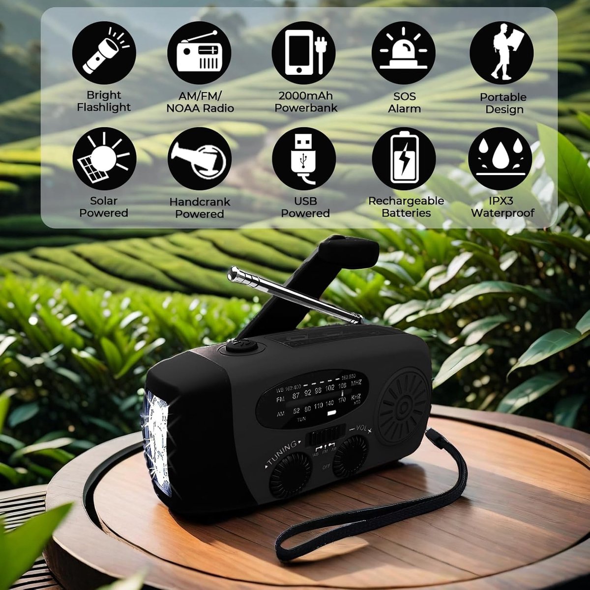 Noodradio Solar met Powerbank & SOS Zaklamp 2000mAh