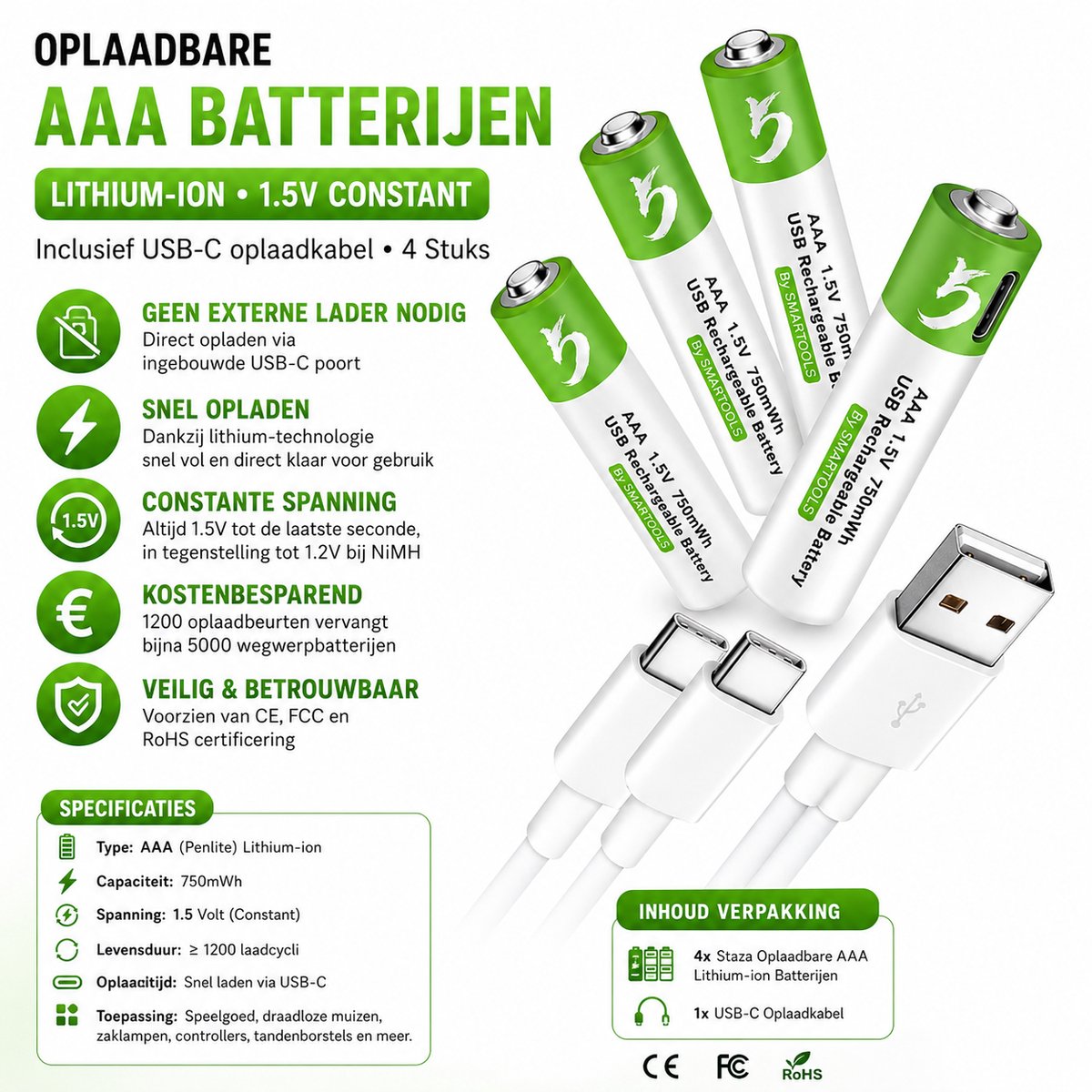 Oplaadbare AAA Li-ion Batterijen 1.5V USB-C – 4 Stuks