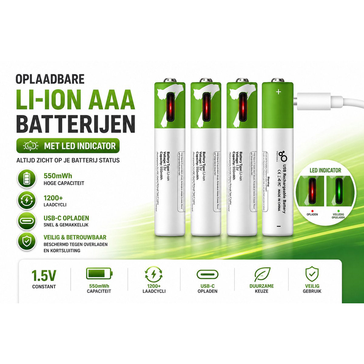 Oplaadbare AAA Li-ion Batterijen 1.5V USB-C – 4 Stuks