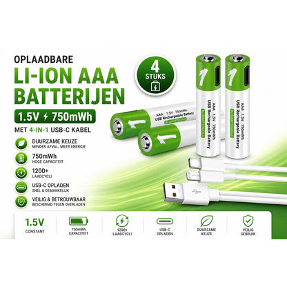 Oplaadbare AAA Li-ion Batterijen 1.5V USB-C – 4 Stuks