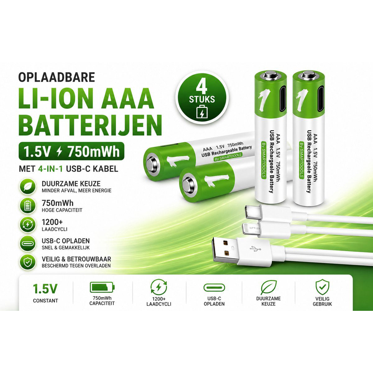 Oplaadbare AAA Li-ion Batterijen 1.5V USB-C – 4 Stuks