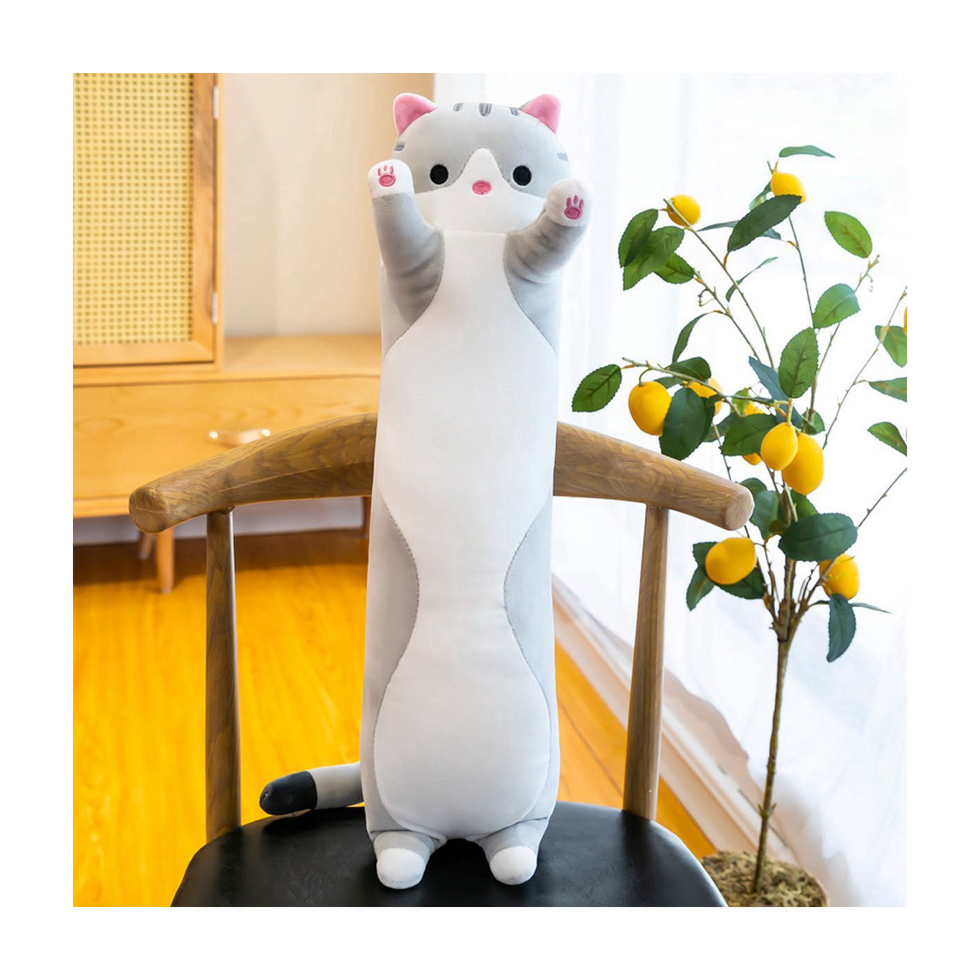 Staza Kat Knuffel 50 cm – Kawaii Poes Kussen Grijs