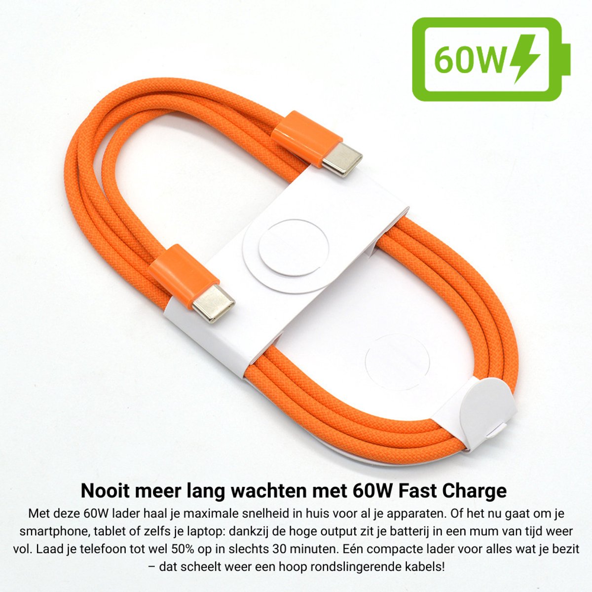 USB-C naar USB-C Kabel 60W 2M Oranje – 2 Stuks
